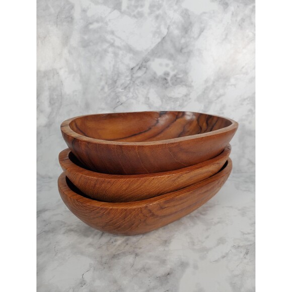 Set of 3 Vintage Kalmar Teak Wood Oblong Bowls, Wood Salad Bowls - Picture 5 of 7